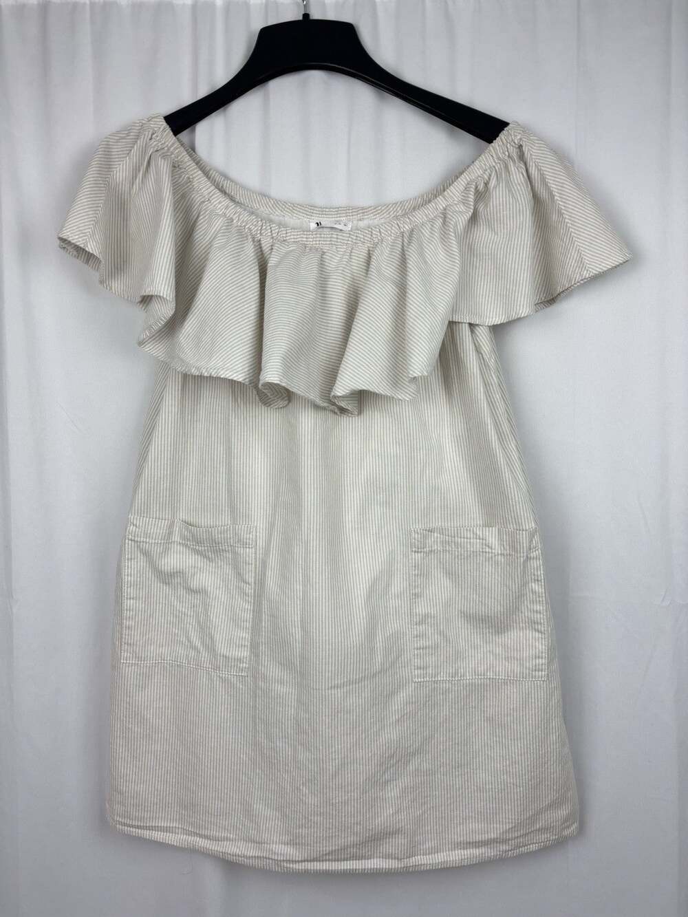Vernacular Tan Stripe Off The Shoulder Dress L Cottagecore Coastal Feminine